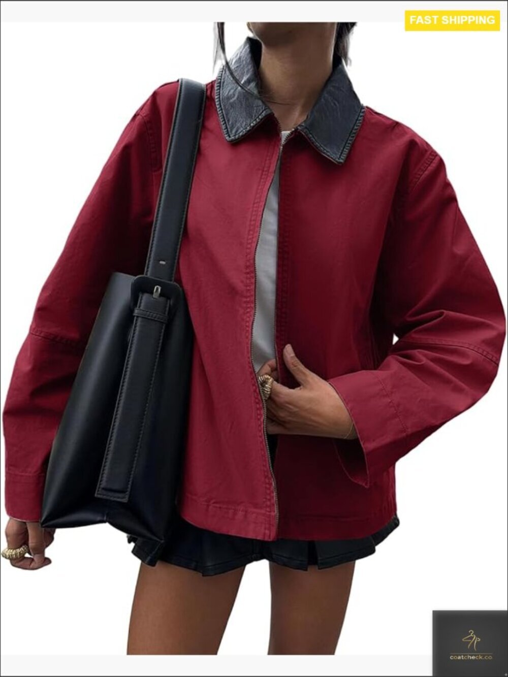 Oversized Barn Jacket Lightweight Utility Coat Leather Collar Zip Up Casual